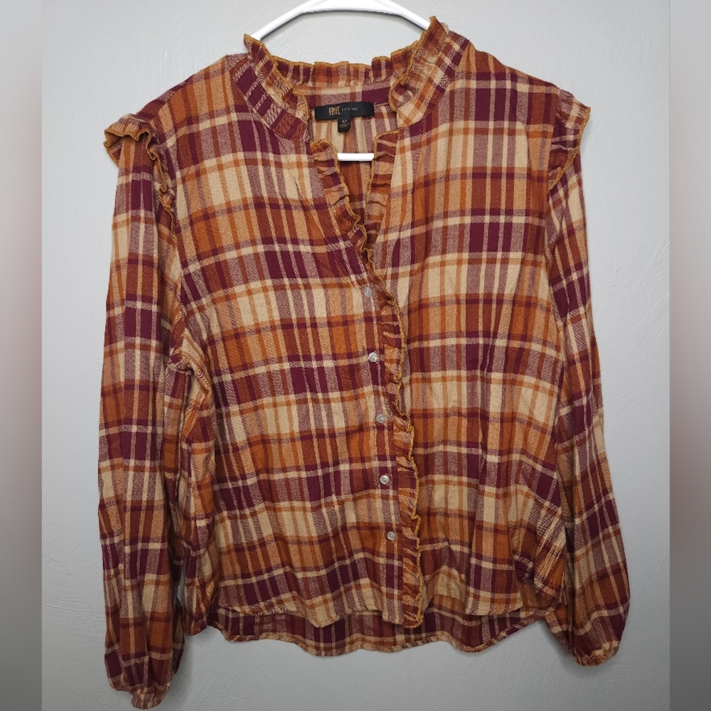 Frye• Ruffle orange/brown flacket button-down plaid shirt. Sz M - Picture 7 of 14